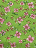 3 1/4 YD Cotton Pique - Apple Green with Pink Flowers and Dragonflies