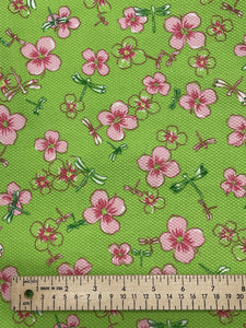 3 1/4 YD Cotton Pique - Apple Green with Pink Flowers and Dragonflies