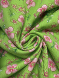 3 1/4 YD Cotton Pique - Apple Green with Pink Flowers and Dragonflies