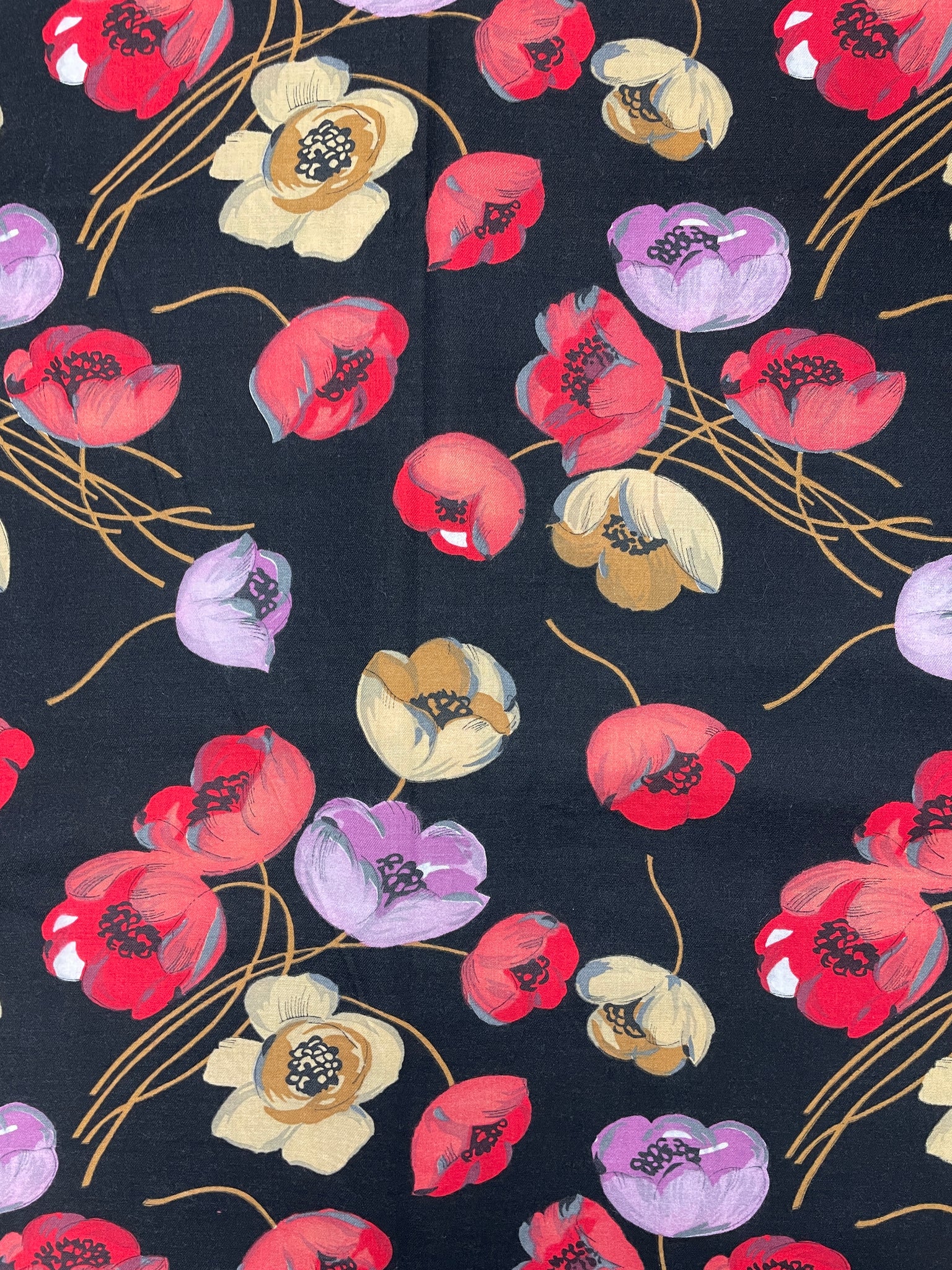 4 YD Cotton Poly Twill Vintage - Black with Red, Yellow and Purple Poppies