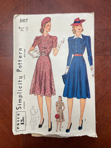 1940's Simplicity 3417 Sewing Pattern - Dresses