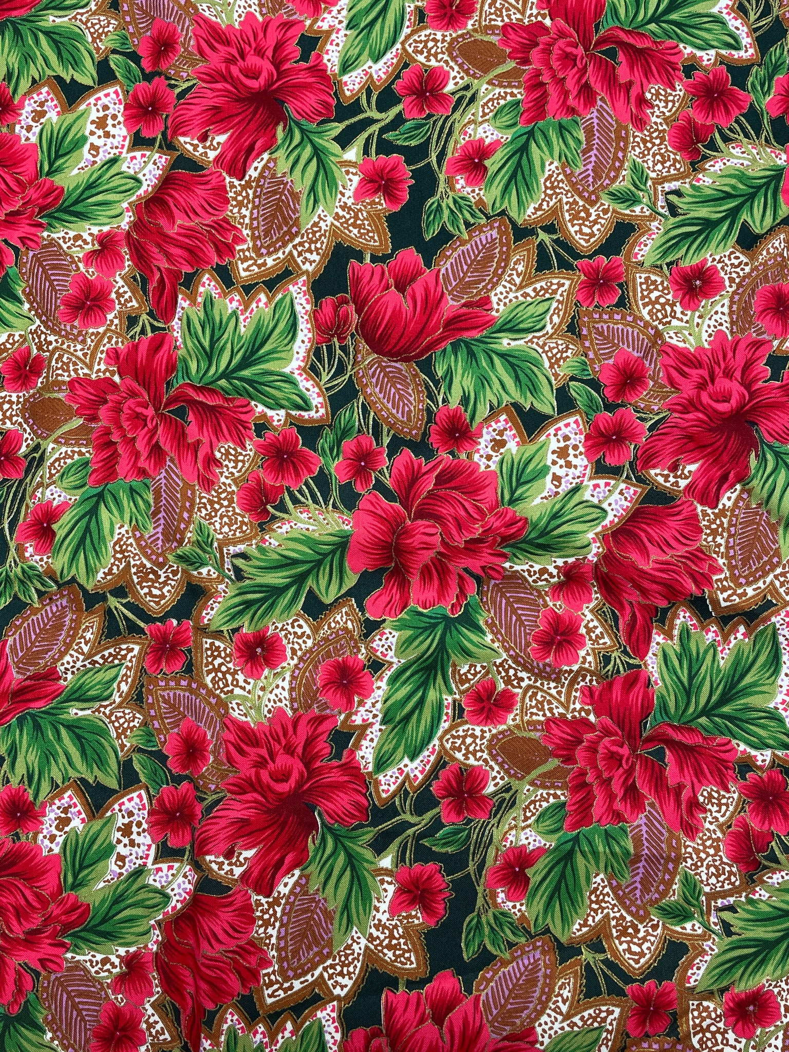 4 YD Quilting Cotton - Red and Green Floral Print with Purple and Gold Accents