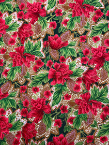 4 YD Quilting Cotton - Red and Green Floral Print with Purple and Gold Accents