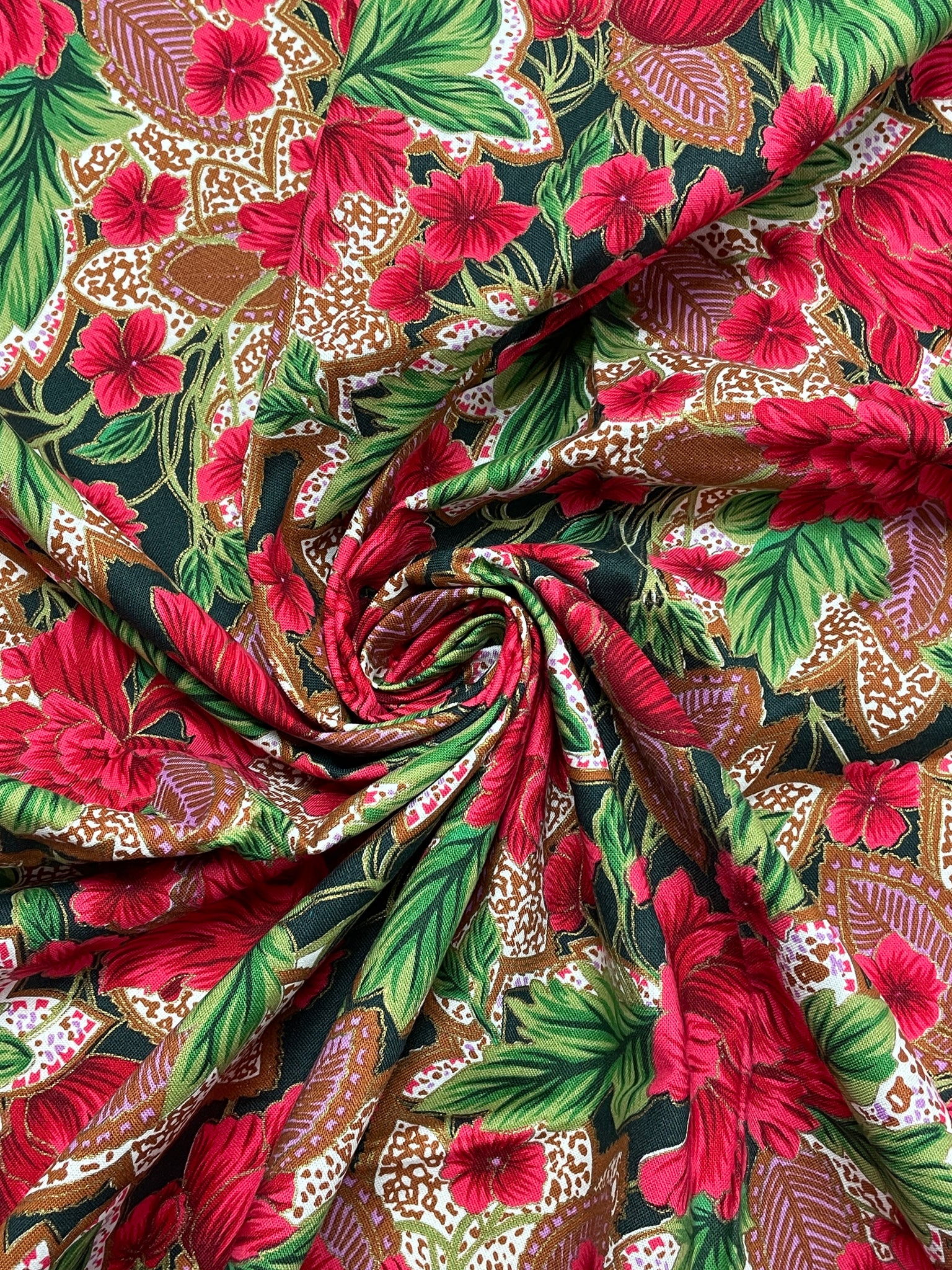 4 YD Quilting Cotton - Red and Green Floral Print with Purple and Gold Accents