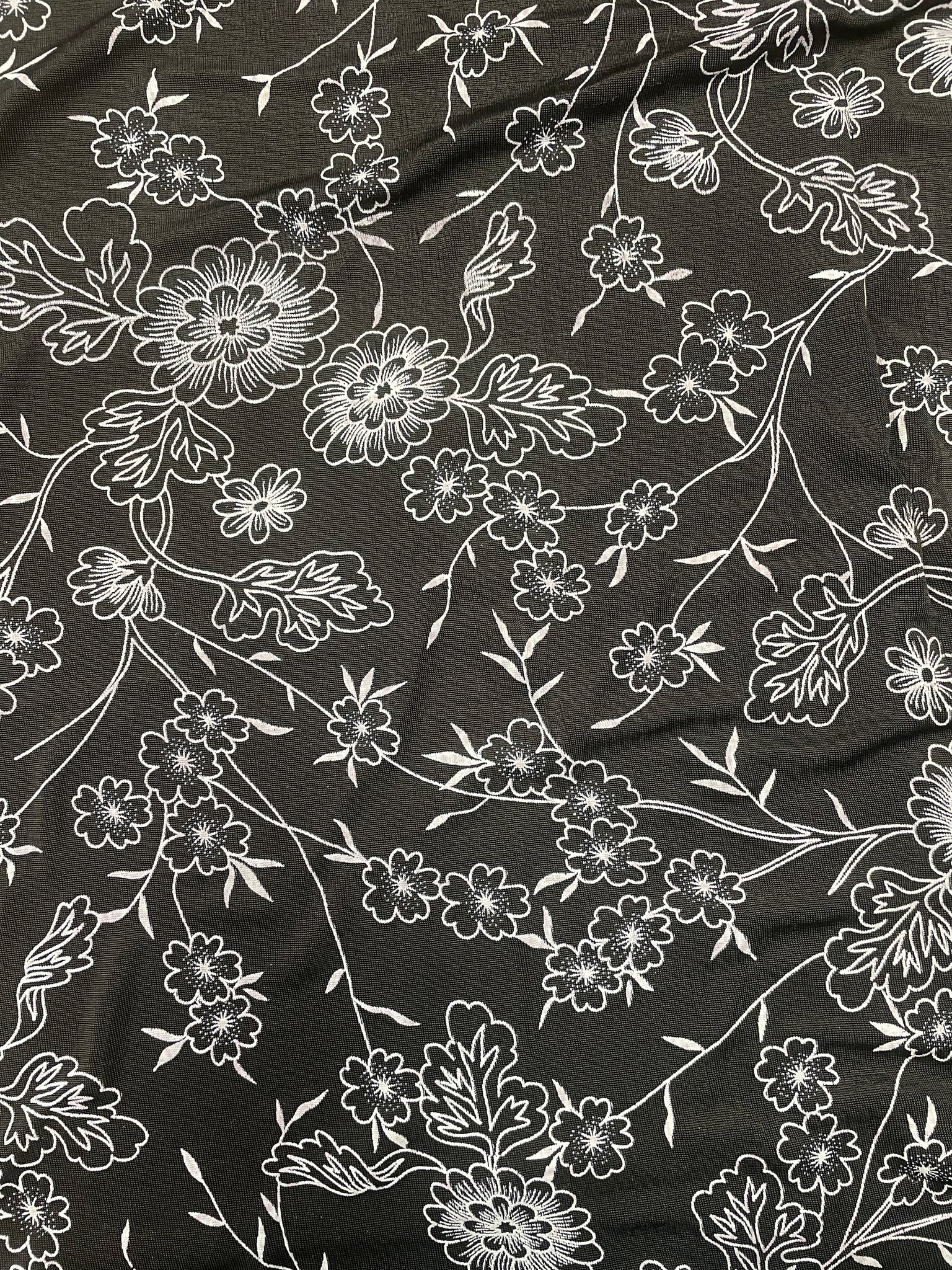 Nylon Stretch Knit Vintage - Black with White Flowers