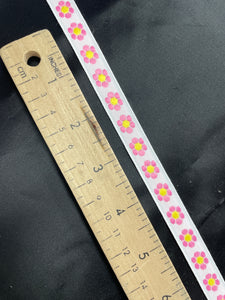 3 YD Nylon Ribbon - White with Woven In Pink and Yellow Flowers