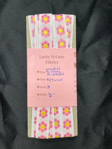 3 YD Nylon Ribbon - White with Woven In Pink and Yellow Flowers