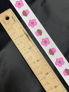 3 YD Polyester Printed Grosgrain Ribbon - White with Pink Flowers and Cupcakes