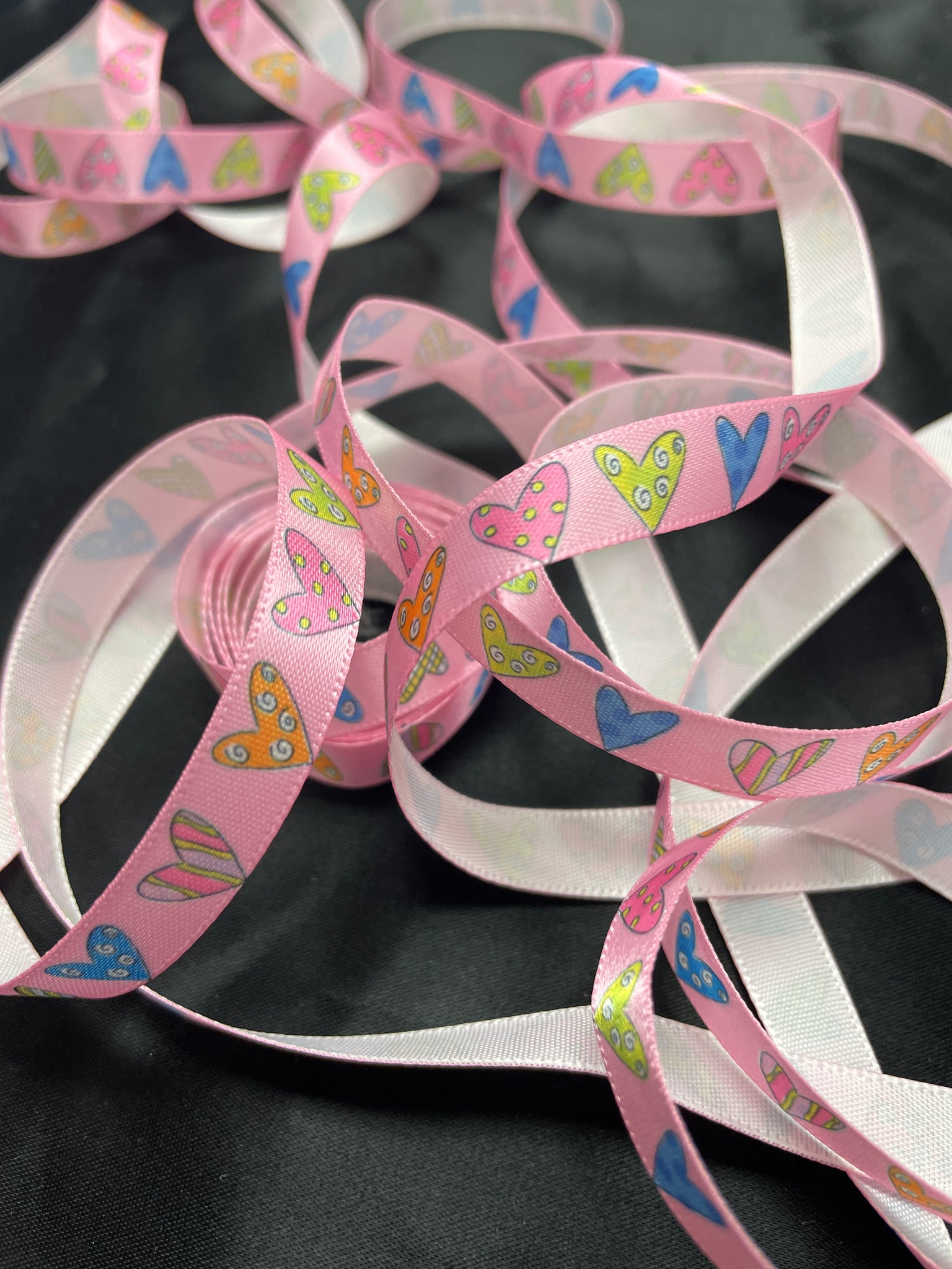 5 3/4 YD Polyester Printed Satin Ribbon - Pink with Multicolored Hearts