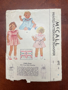 1930's McCall 692 Sewing Pattern - Toddler Dress with Smocking