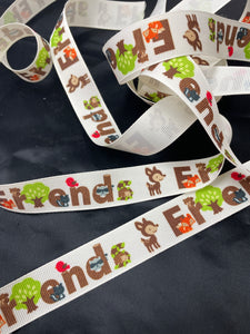 3 YD Polyester Printed Grosgrain Ribbon - Off White with "Friends" in Brown and Animals