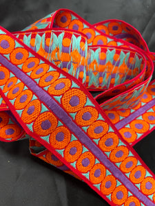 2 YD Cotton Ribbon Vintage - Orange, Red, Purple and Turquoise