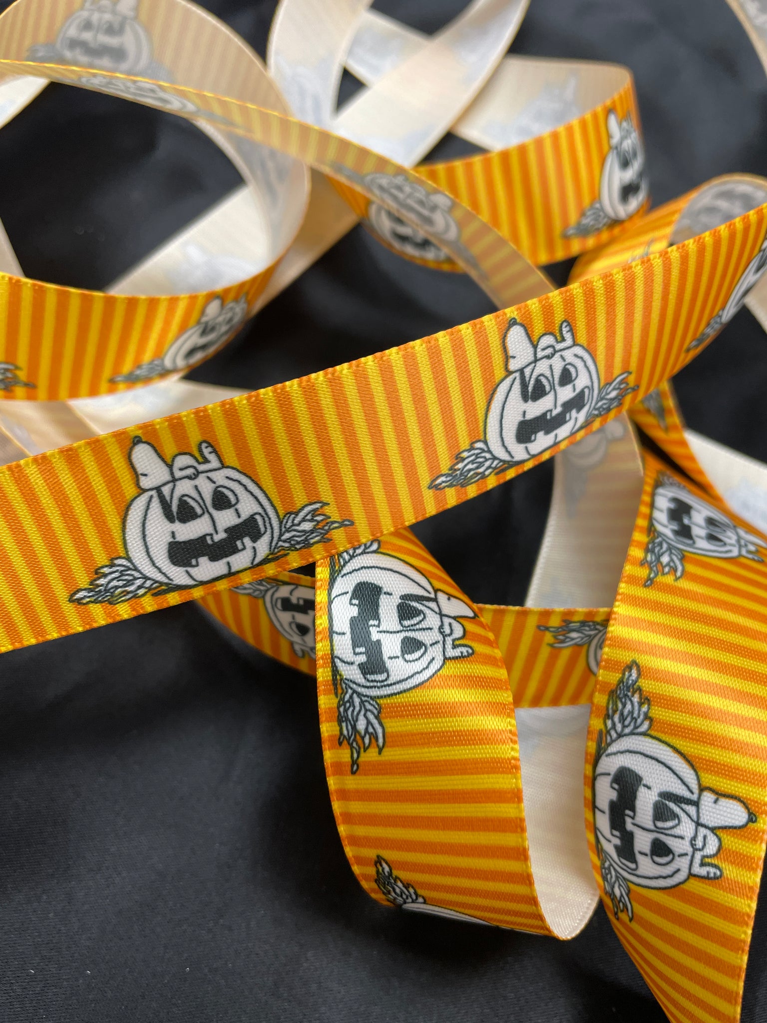 2012 3 1/8 YD Polyester Printed Satin Ribbon - Yellow and Orange Stripes with Snoopy on a Jack-o-Lantern