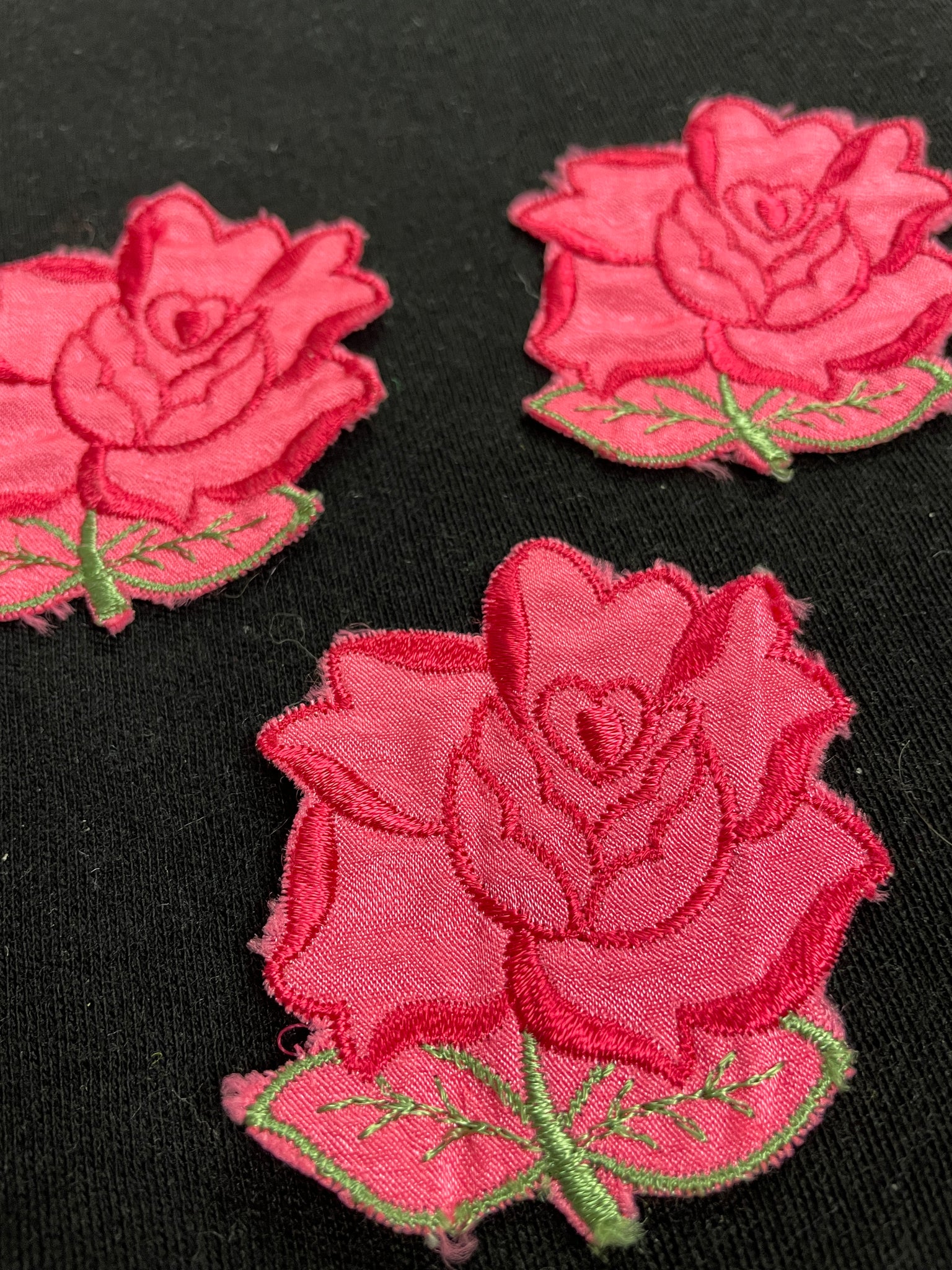 Satin Embroidered Applique Set of 3 Vintage - Pink Roses