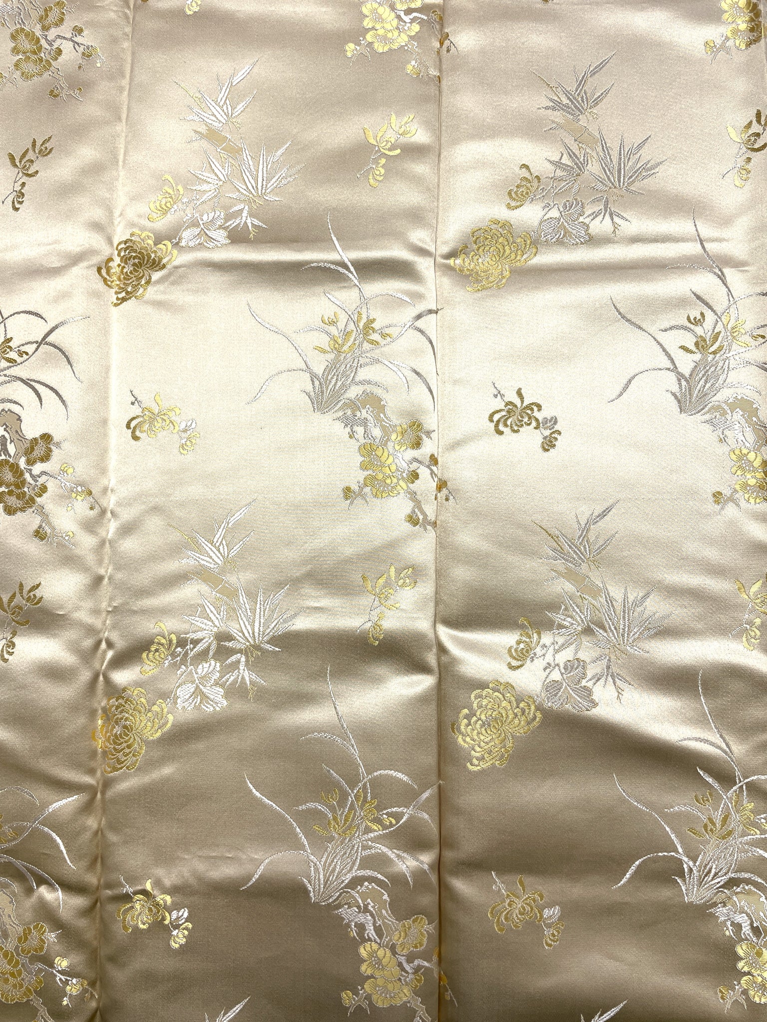 2 YD Silk Satin Brocade Vintage - Golden Yellow with Flowers and Bamboo in Yellow and White