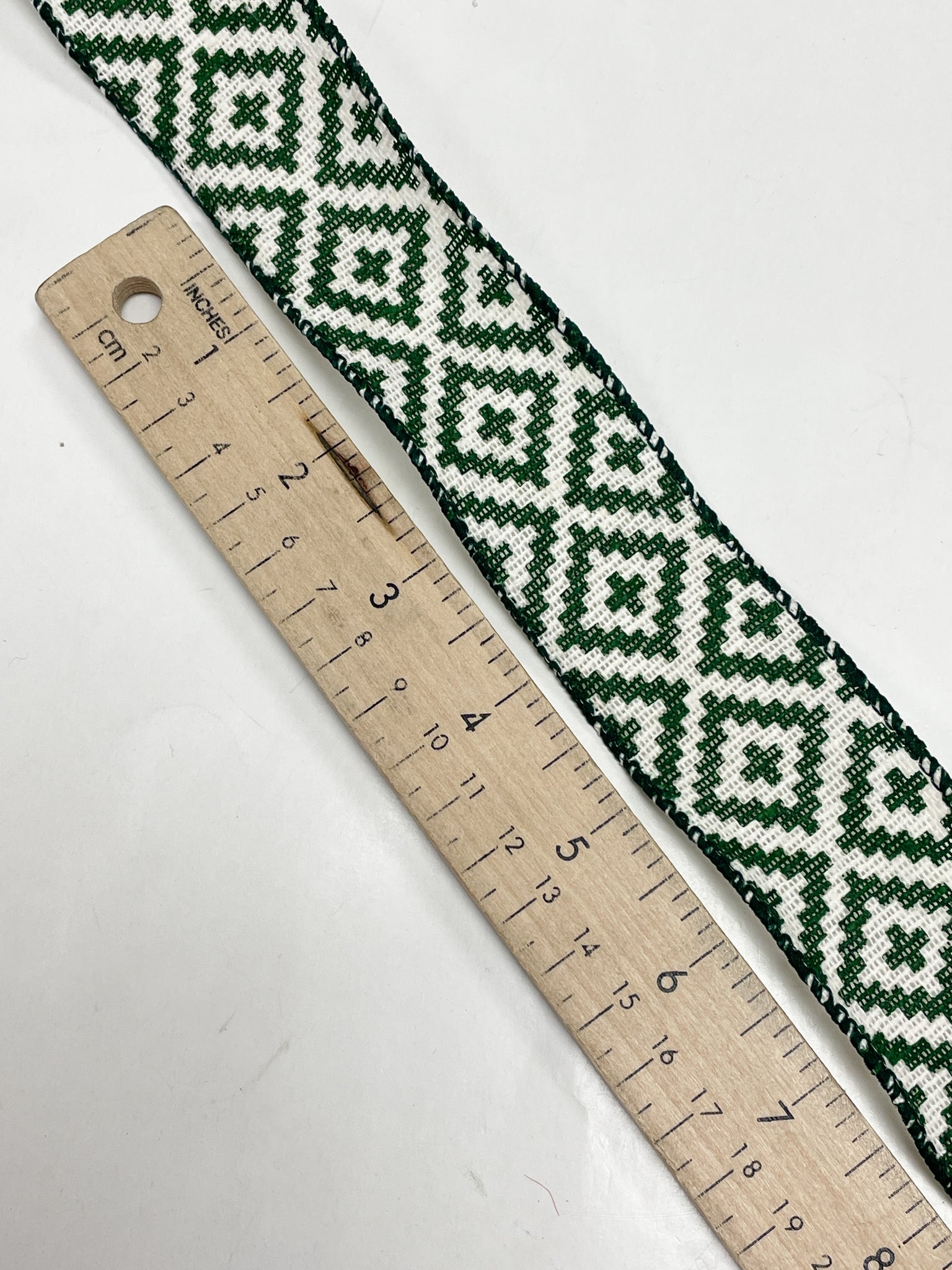 Poly Cotton Printed Wired Edged Ribbon - White With Dark Green