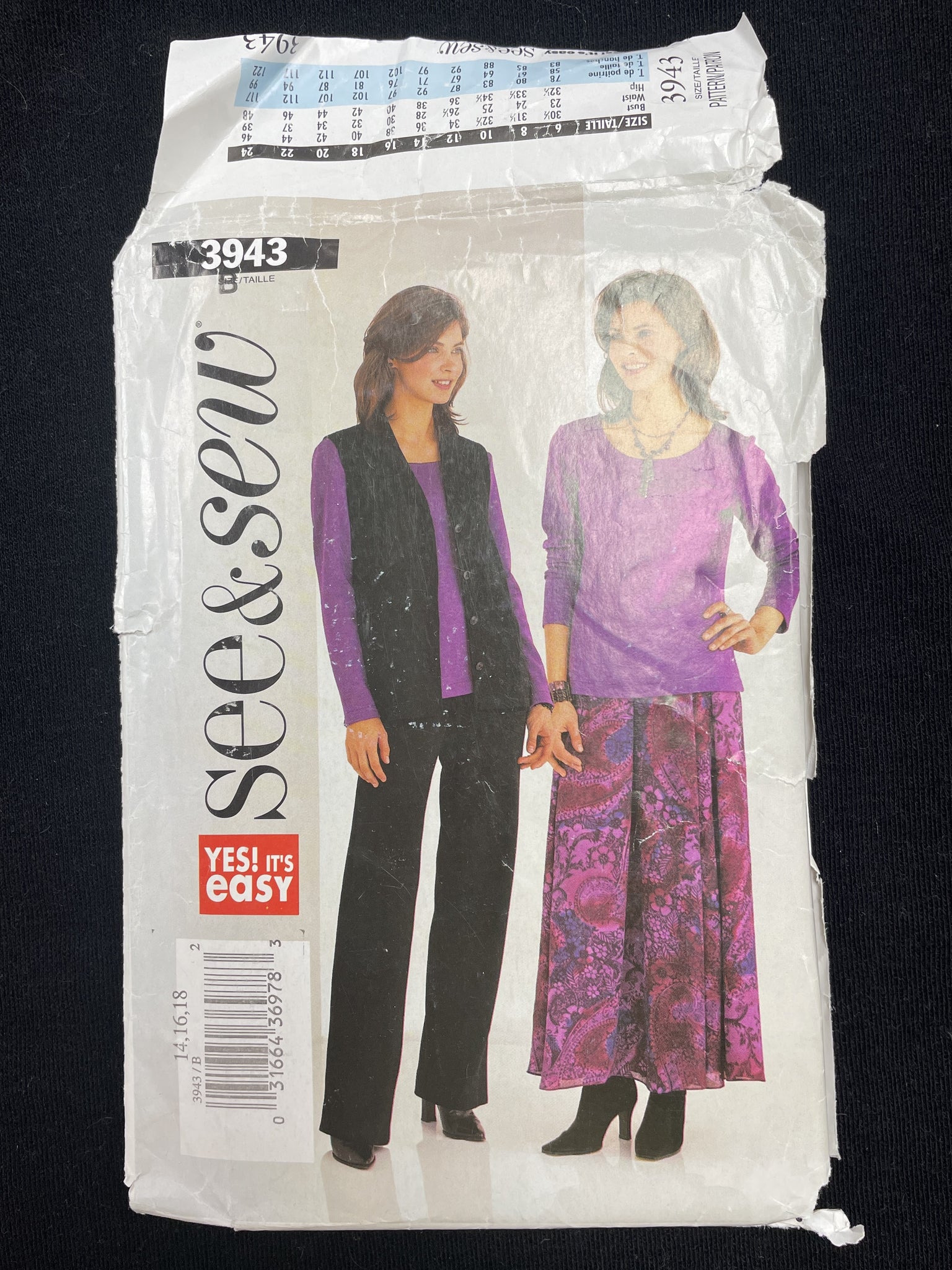 2003 See & Sew 3943 Sewing Pattern - Vest, Top, Skirt and Pants FACTORY FOLDED