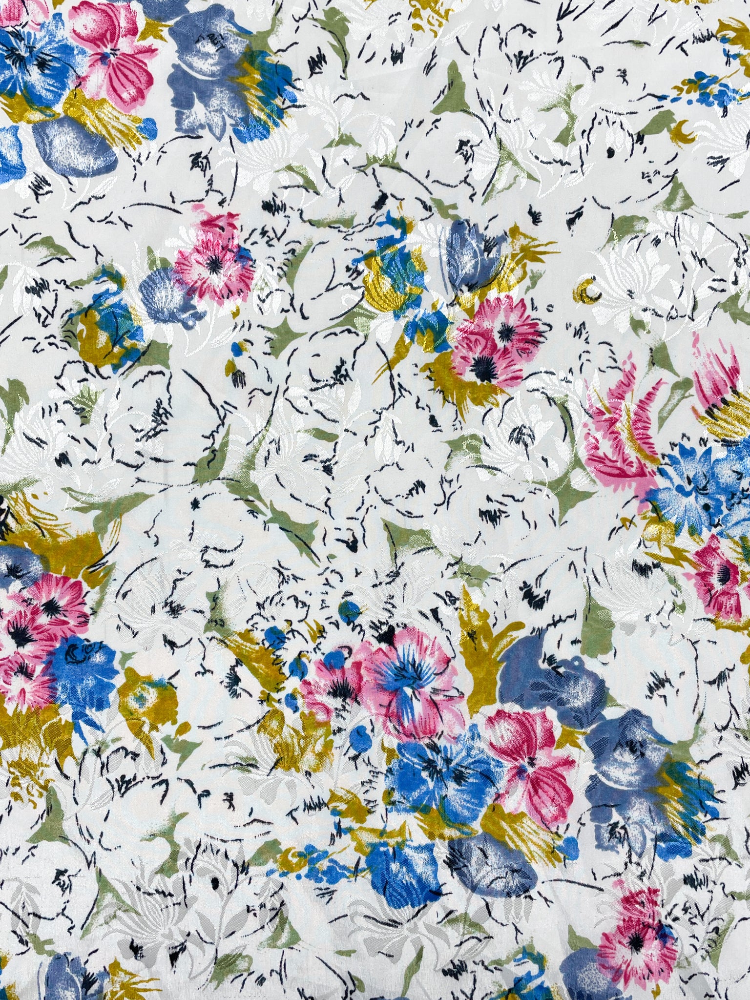 Polyester Printed Floral Jacquard Vintage- White with Multicolored Flowers