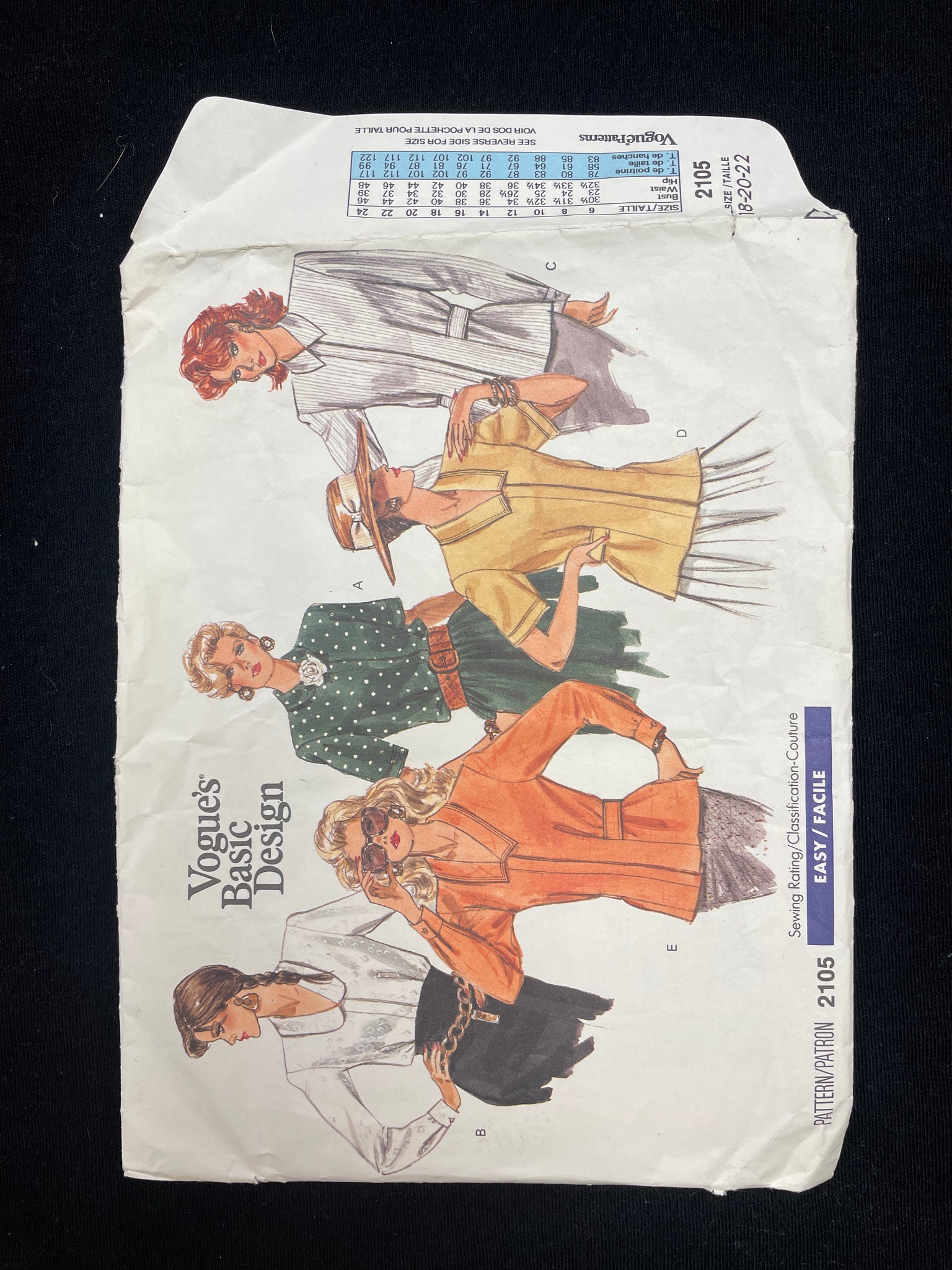 1988 Vogue 2105 Sewing Pattern - Blouses FACTORY FOLDED