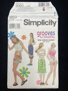 1999 Simplicity 9060 Sewing Pattern - Juniors' Knit Top, Shorts and Pants FACTORY FOLDED