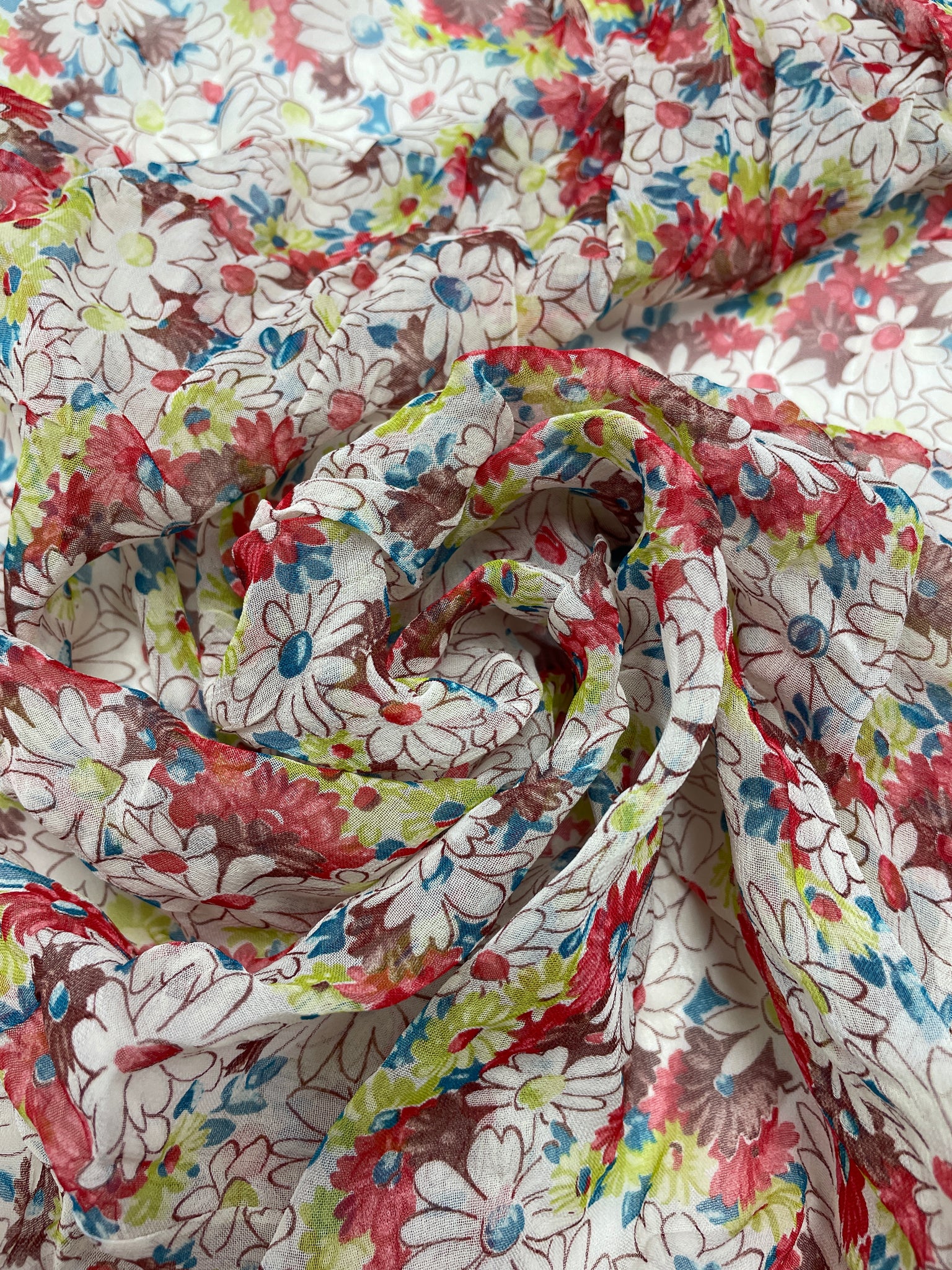 4 3/8 YD Rayon Chiffon Vintage - Daisies with Red, Blue, Green and Brown