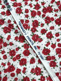 2 YD Cotton/Poly - White with Red Flowers and Tiny Navy Blue Dots