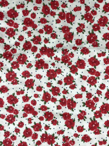 2 YD Cotton/Poly - White with Red Flowers and Tiny Navy Blue Dots