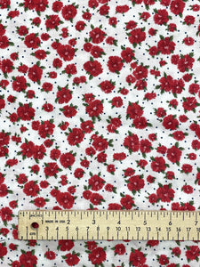 2 YD Cotton/Poly - White with Red Flowers and Tiny Navy Blue Dots