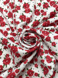 2 YD Cotton/Poly - White with Red Flowers and Tiny Navy Blue Dots