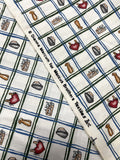 Quilting Cotton Printed Plaid - Off White with Blue and Green Windowpane Plaid and Laundry Items