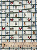 Quilting Cotton Printed Plaid - Off White with Blue and Green Windowpane Plaid and Laundry Items