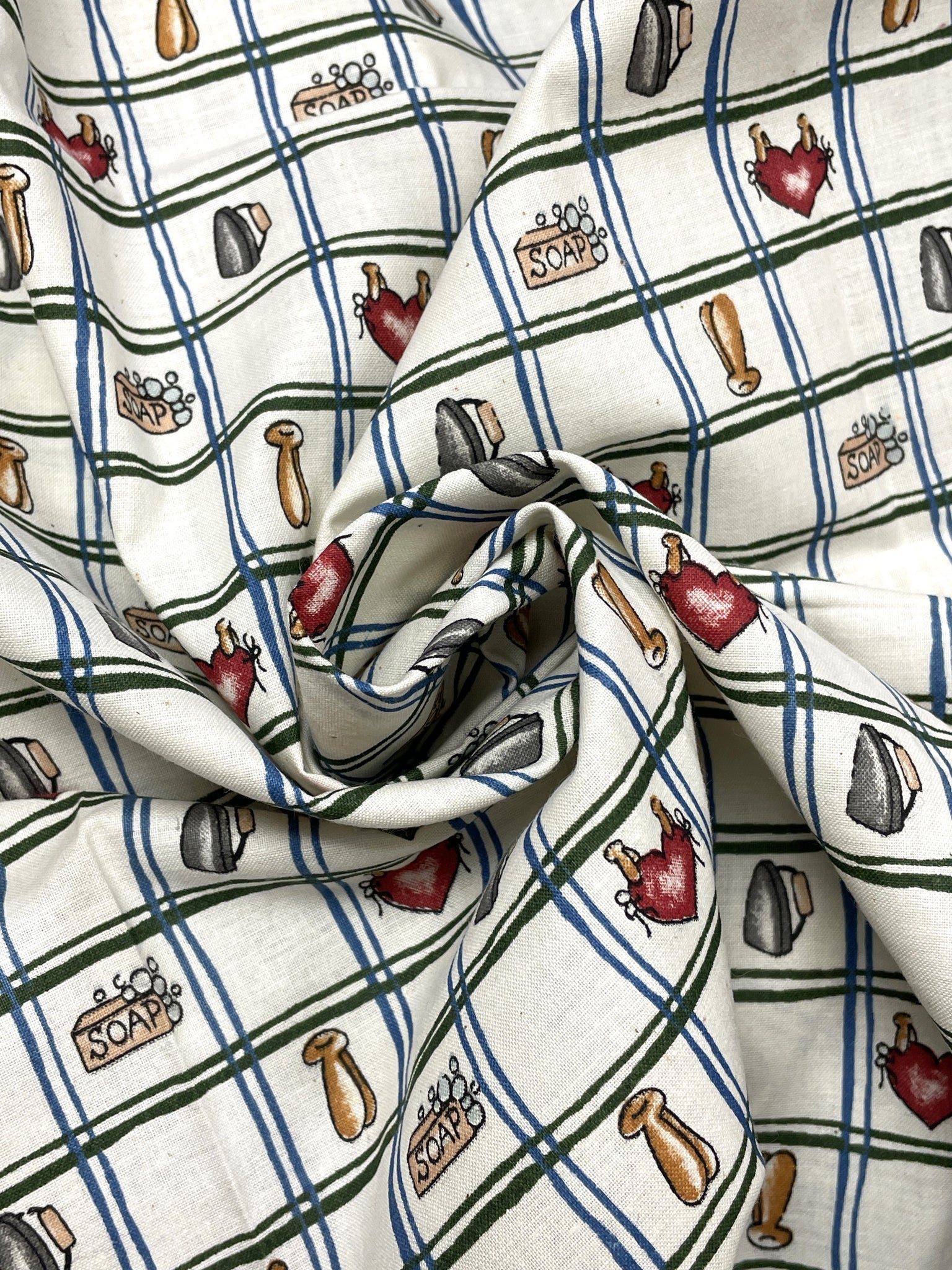 Quilting Cotton Printed Plaid - Off White with Blue and Green Windowpane Plaid and Laundry Items