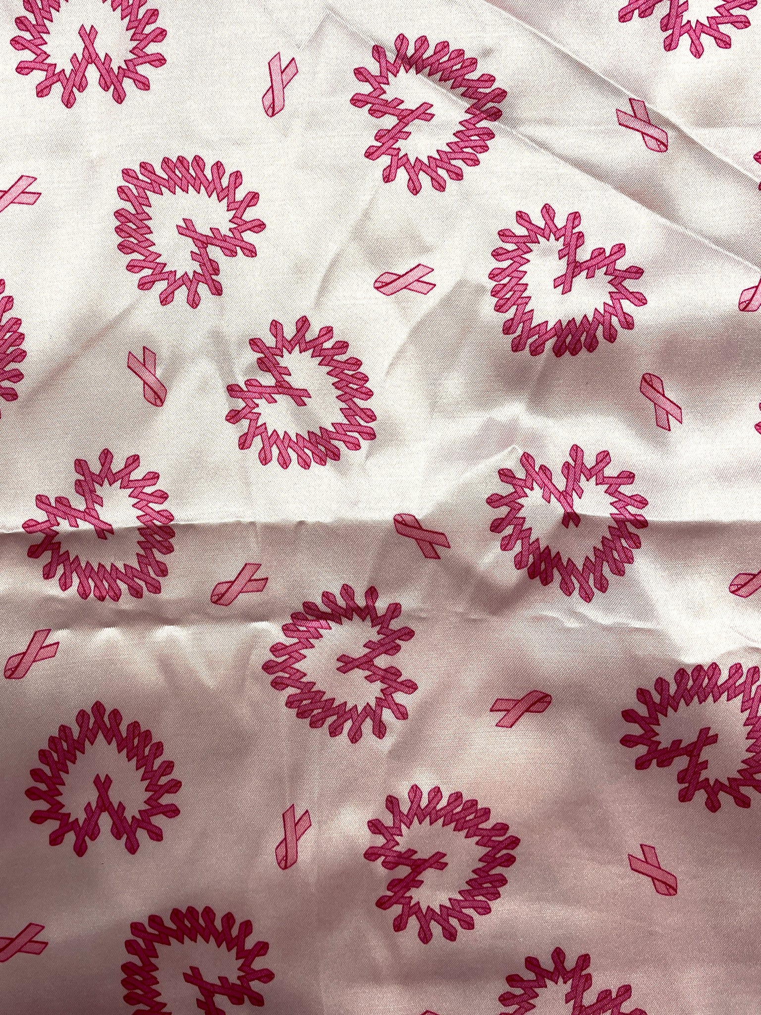 1 3/8 YD Polyester Flannel-Backed Satin Vintage - Pink with Breast Cancer Awareness Pink Ribbons