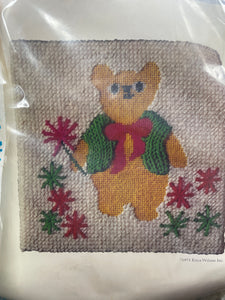 1971 Needlepoint Kit Vintage - "Honey Bear" in Green Vest with Hot Pink Bow