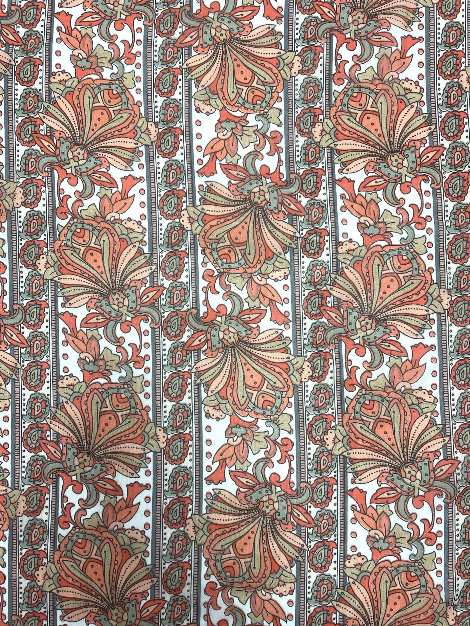 Polyester Chiffon Vintage - Peach and Orange Jacobean Flowers and Paisleys in Stripes on White Background