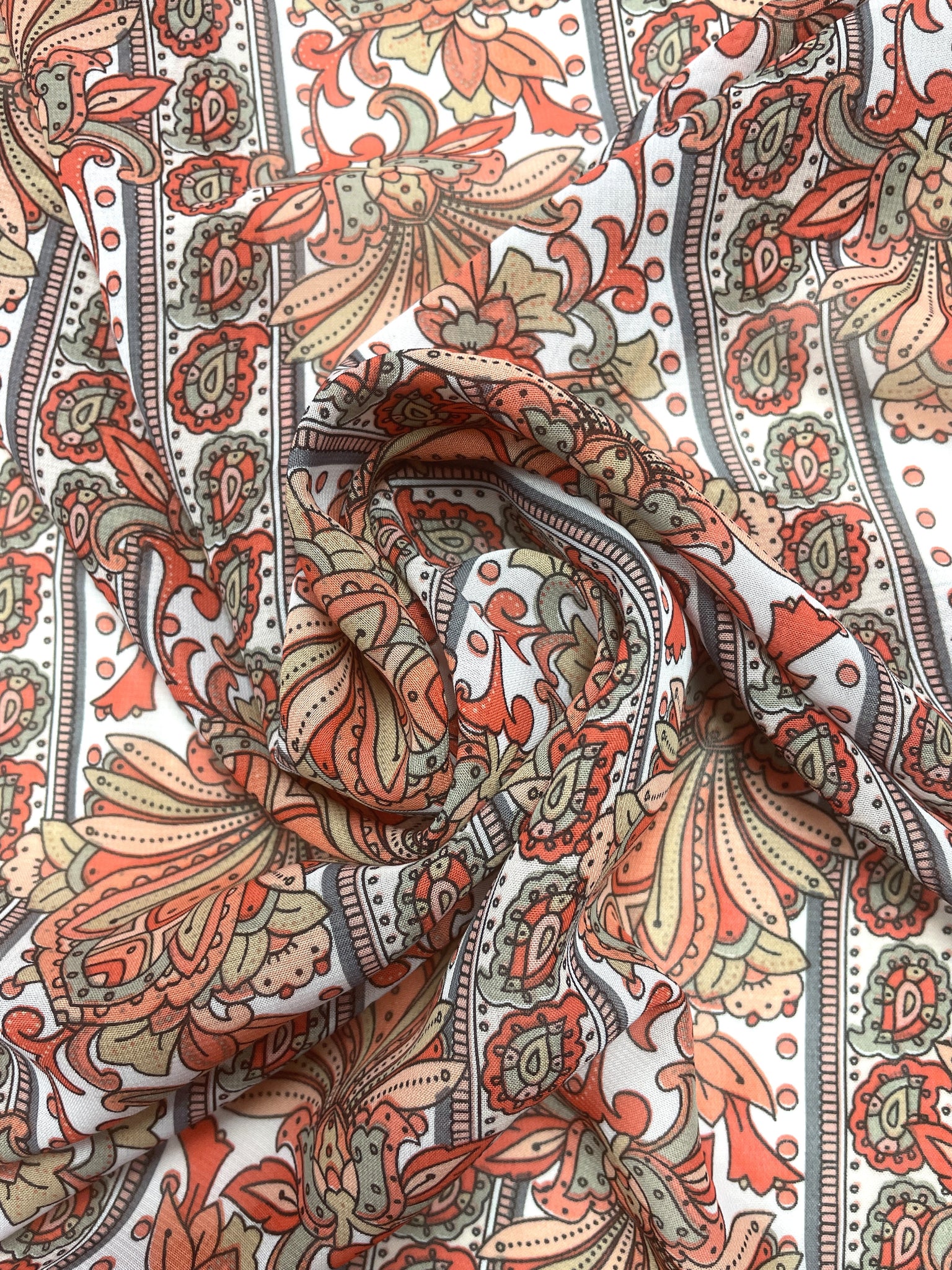 Polyester Chiffon Vintage - Peach and Orange Jacobean Flowers and Paisleys in Stripes on White Background