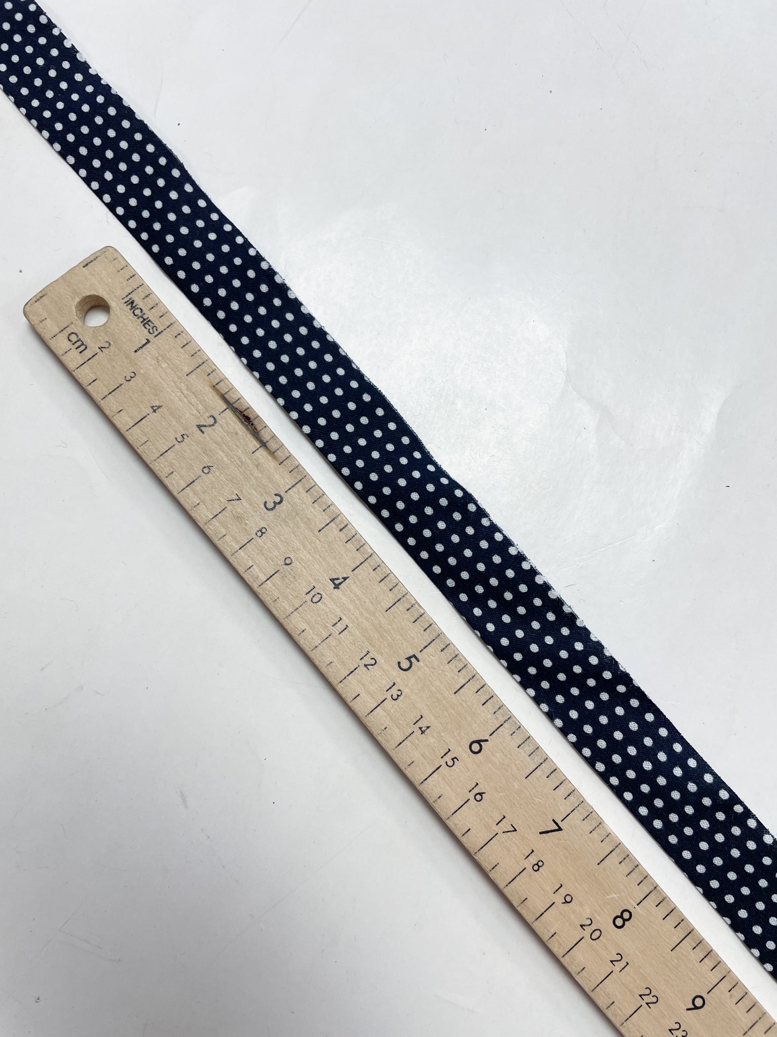 Cotton Single Fold Bias Tape By-the-Yard - Navy Blue with White Polka Dots