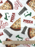 1 3/8 YD Cotton Flannel - White with Pizza and Italy Graphics