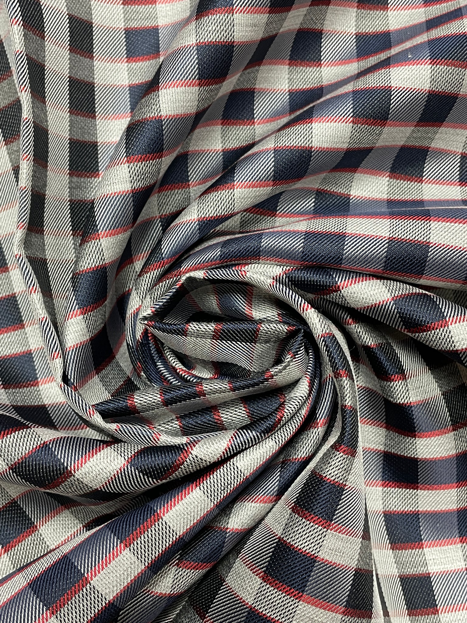 2 YD Tie Silk Yarn-Dyed Plaid - Navy Blue, Red and Gray