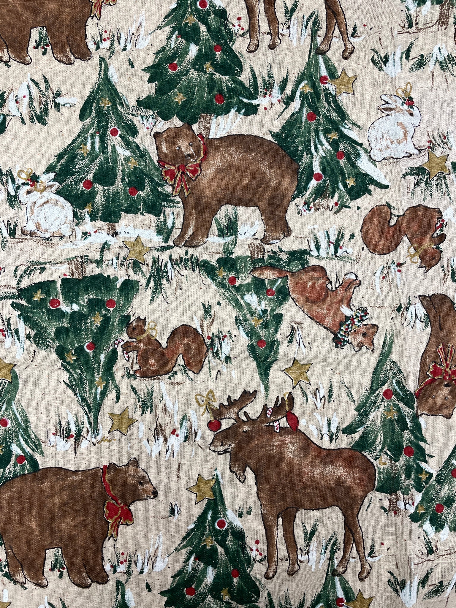 4 3/8 YD Cotton EXTRA WIDE - Ecru with Christmas Trees, Moose, Bears and Squirrels