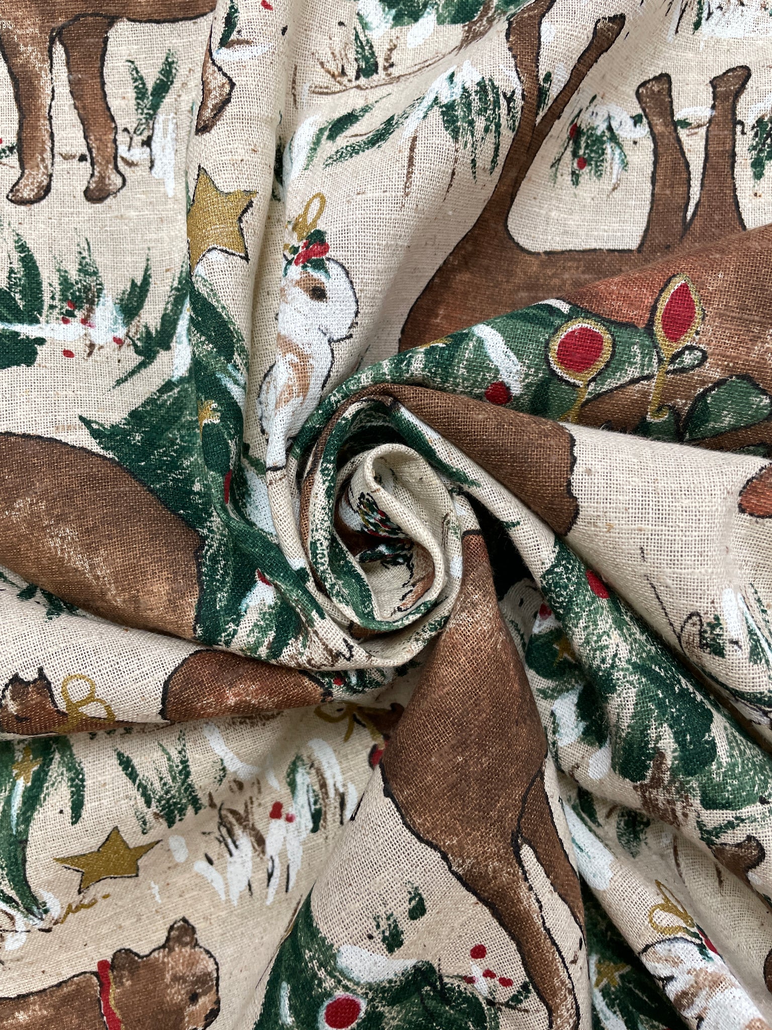 4 3/8 YD Cotton EXTRA WIDE - Ecru with Christmas Trees, Moose, Bears and Squirrels