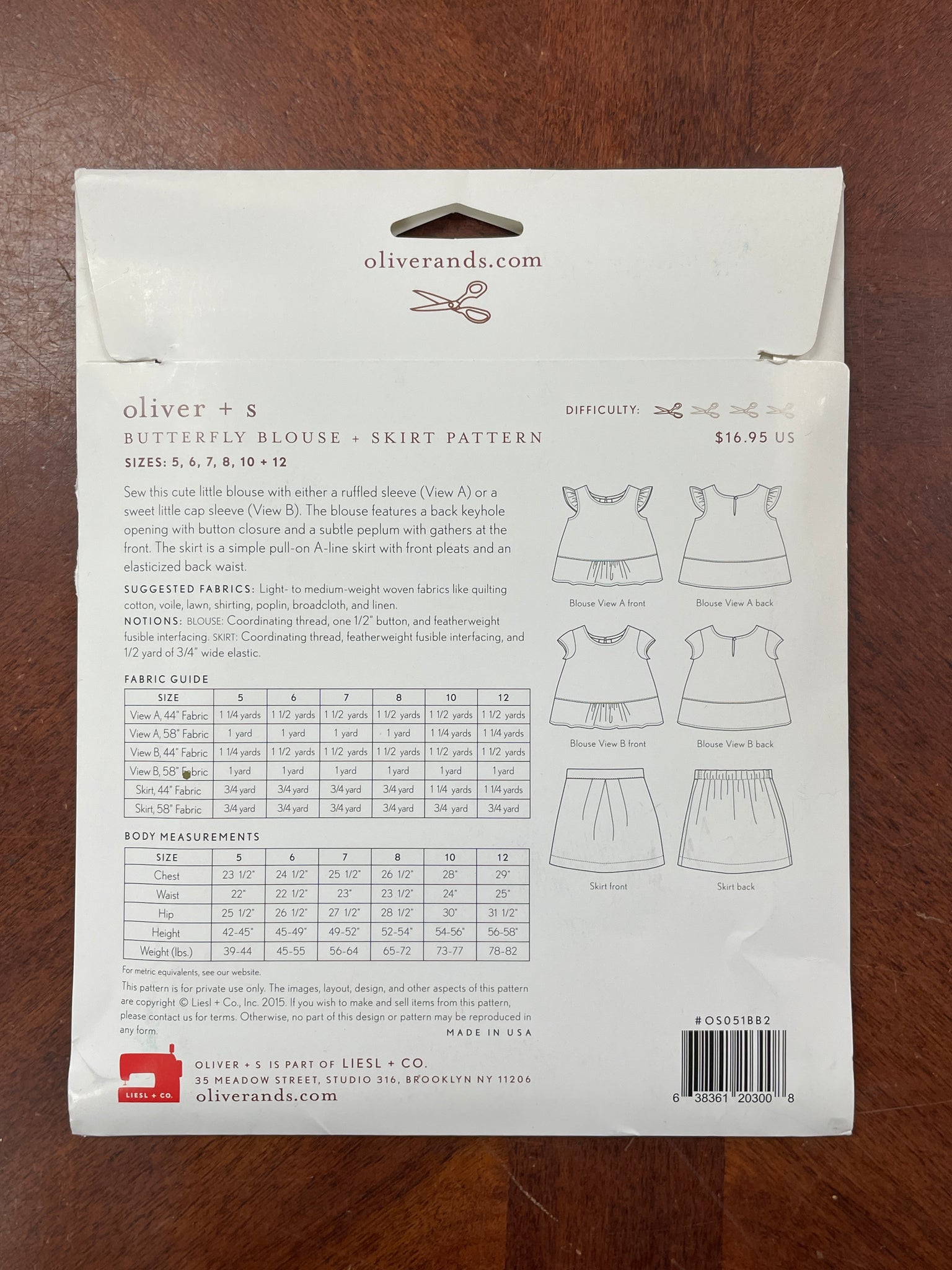 2015 Oliver + S Pattern - Child's Butterfly Blouse and Skirt FACTORY FOLDED