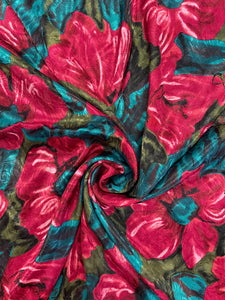 3 YD Polyester Printed Floral Jacquard Vintage - Red Flowers with Teal