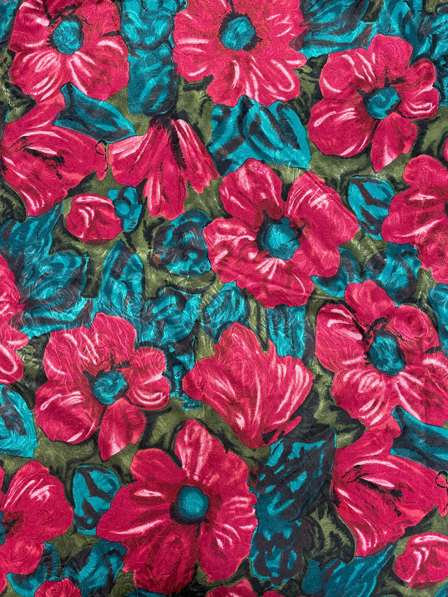 3 YD Polyester Printed Floral Jacquard Vintage - Red Flowers with Teal