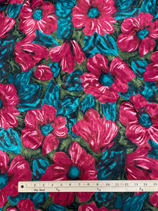 3 YD Polyester Printed Floral Jacquard Vintage - Red Flowers with Teal