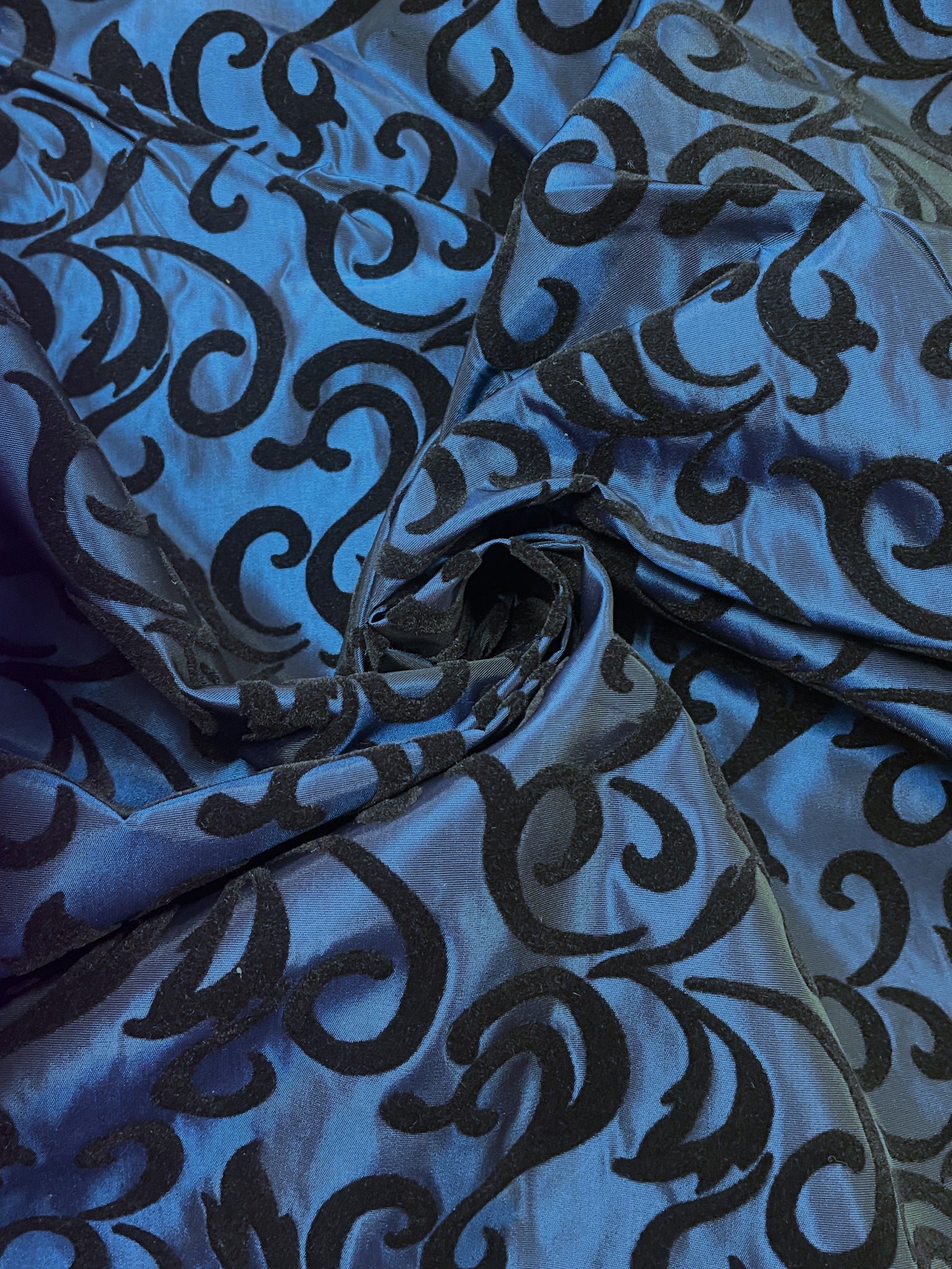 Polyester Iridescent Taffeta with Flocking - Blue with Black Filigree