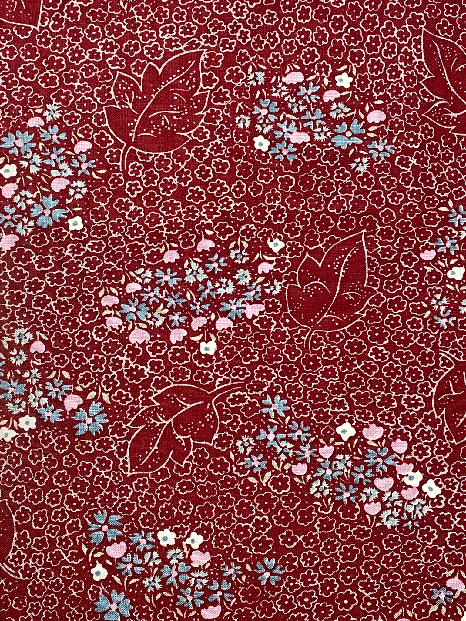 3 Rayon Vintage - Dark Red with Blue, Aqua and Pink Flowers