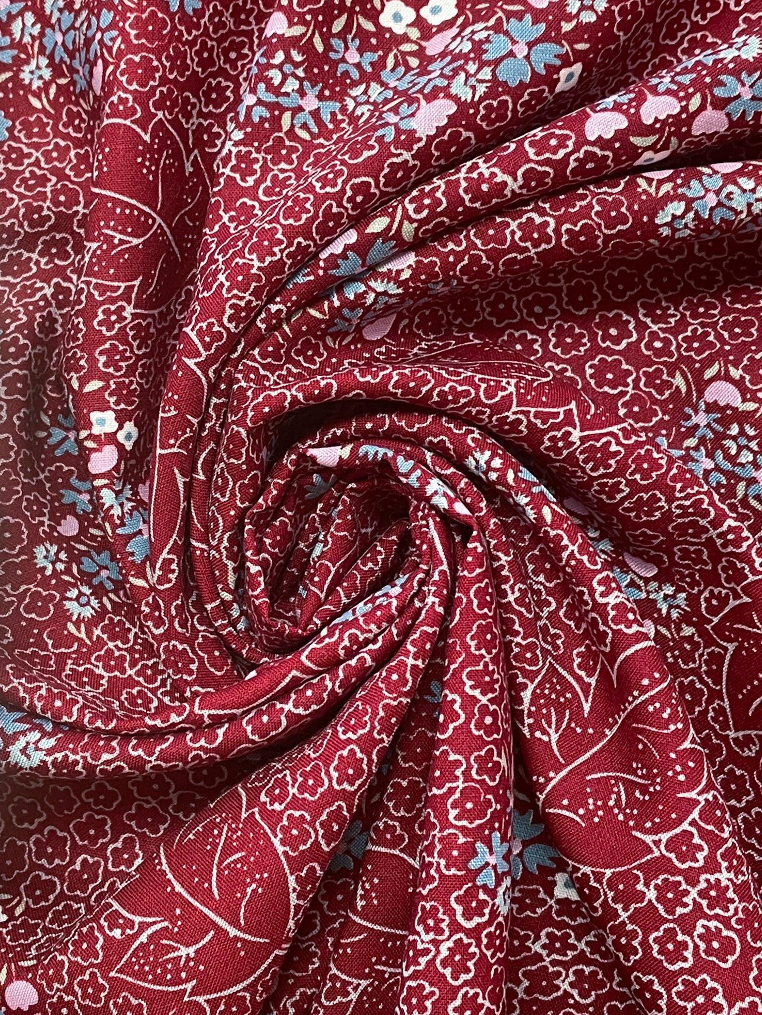 3 Rayon Vintage - Dark Red with Blue, Aqua and Pink Flowers