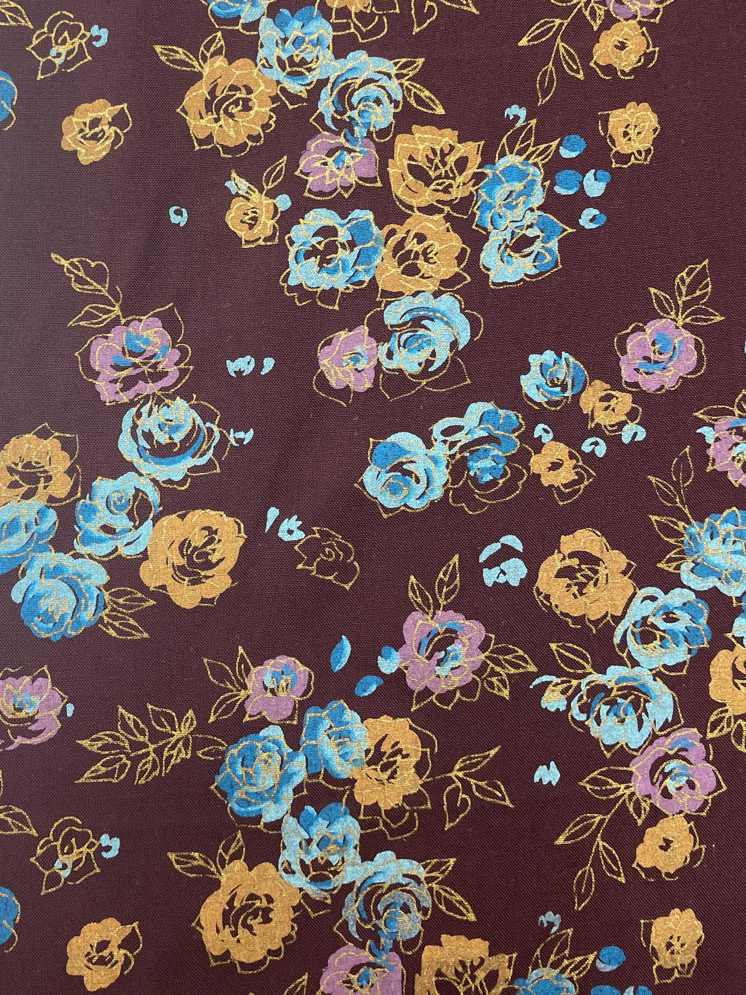 Rayon Vintage - Dark Aubergine with Blue, Purple and Golden Flowers and Gold Metallic Accents