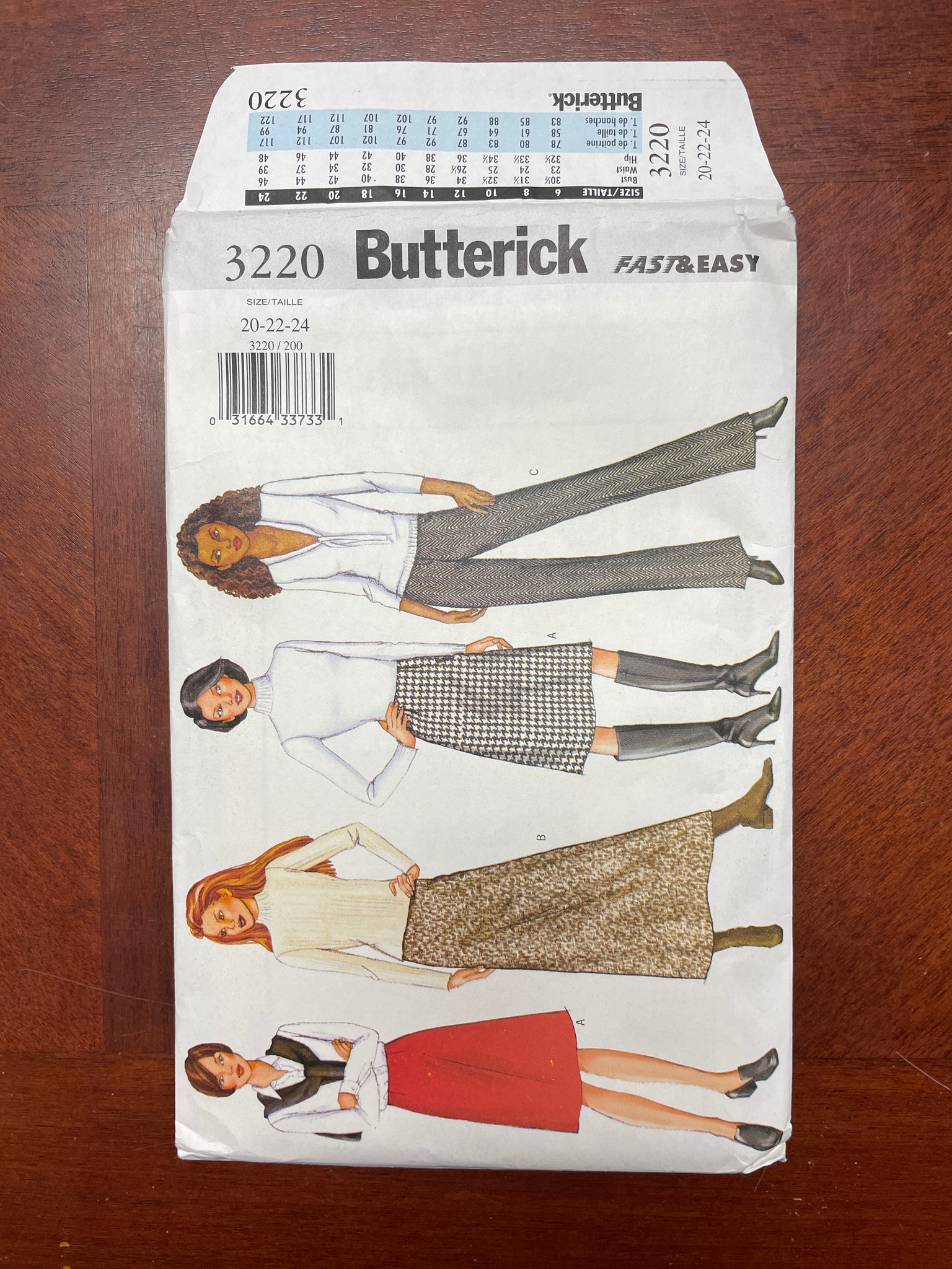 2001 Butterick 3220 Pattern - Skirt and Pants FACTORY FOLDED